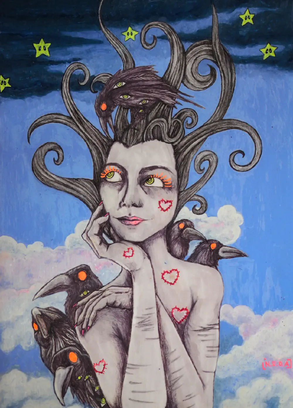 Head in the clouds — mixed media on paper