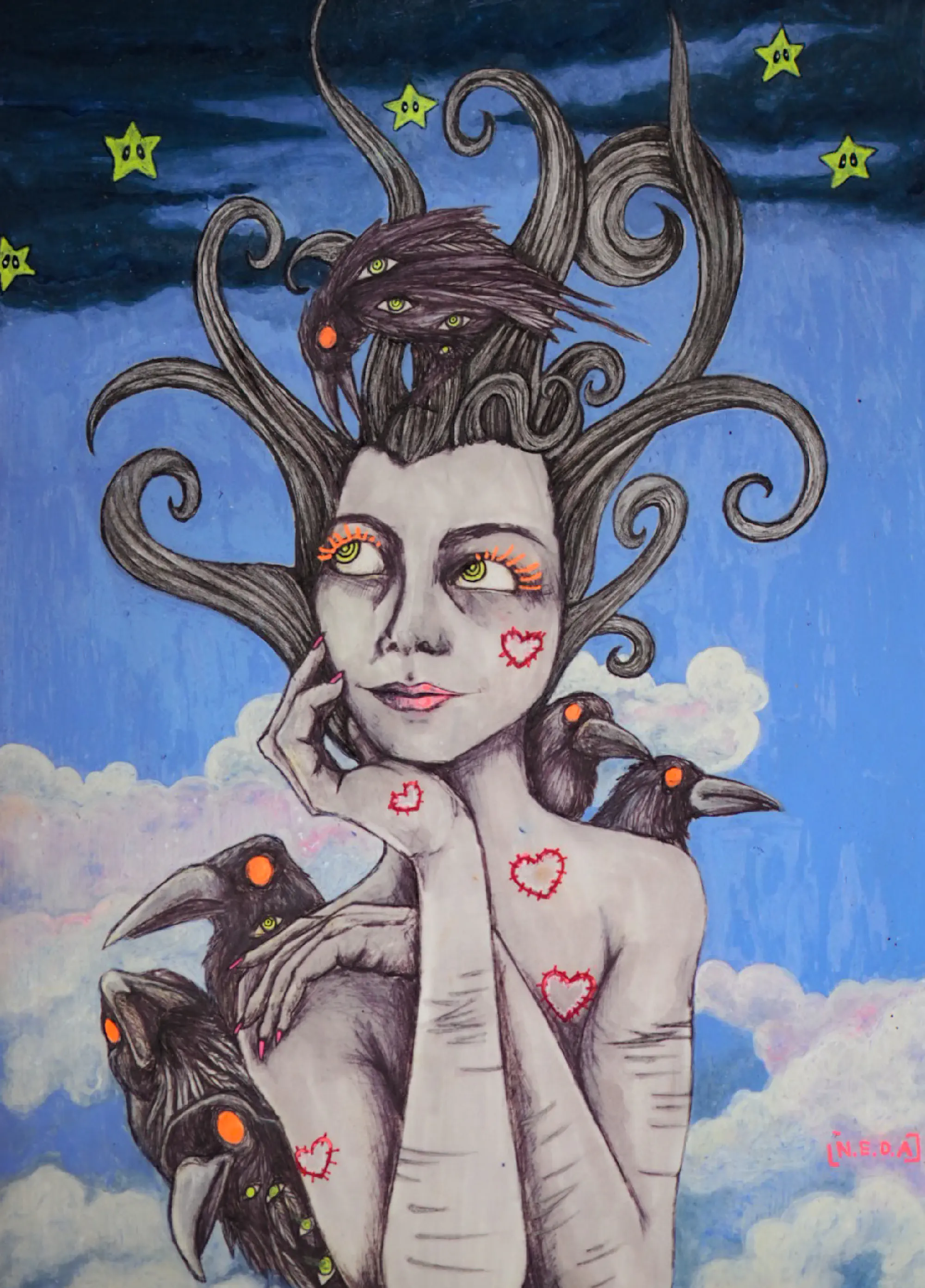 Head in the clouds — mixed media on paper