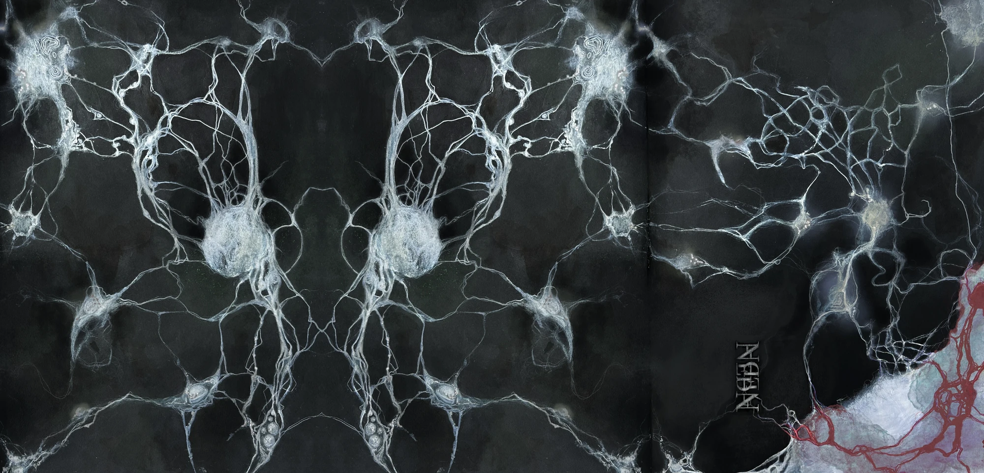 Mirrored neuron painting, silver-white nervous tissue on near-black ground
