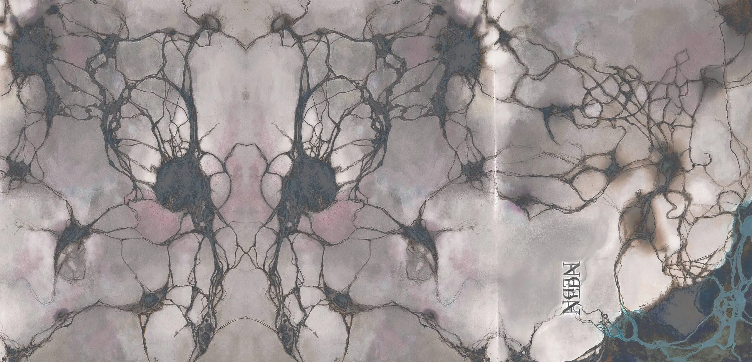 The same mirrored neuron painting, colour-inverted — charcoal nervous tissue on a pale stone ground